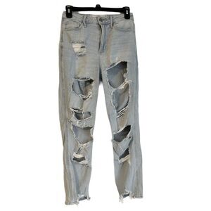 Hollister distressed curvy high rise mom jeans vintage stretch with rips. Size 1